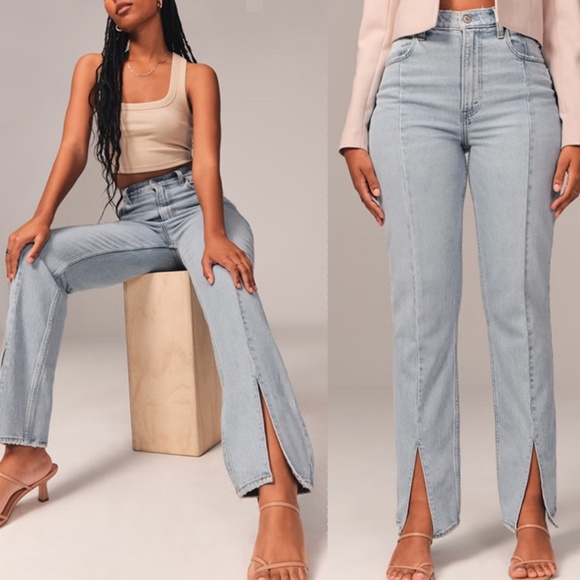 NWT A&F Curve Love High Rise Straight Leg Split Hem Light Wash Jeans - Picture 2 of 11